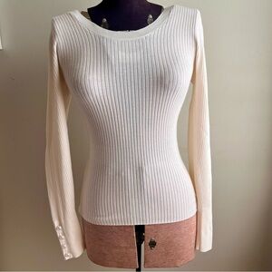 LOFT Ribbed Ivory Sweater Top with Pearl Cuff Buttons — Size S